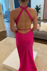 Sheath Halter Hot Pink Beading Long Corset Prom Dress with Open Back outfit, Sheath Halter Hot Pink Beading Long Prom Dress with Open Back