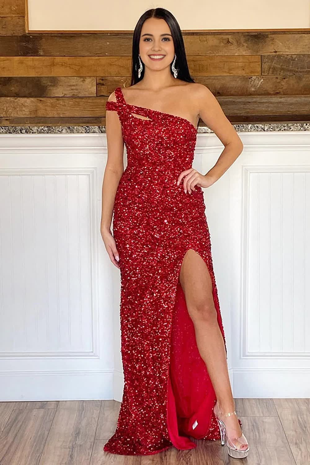 Sheath One Shoulder Red Sequins Long Corset Prom Dress outfits, Sheath One Shoulder Red Sequins Long Prom Dress