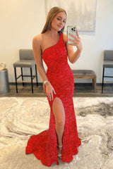 Sheath One Shoulder Red Sequins Corset Prom Dress with Slit Gowns, Sheath One Shoulder Red Sequins Prom Dress with Slit