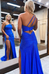 Sheath One Shoulder Royal Blue Long Corset Prom Dress with Beading outfit, Sheath One Shoulder Royal Blue Long Prom Dress with Beading