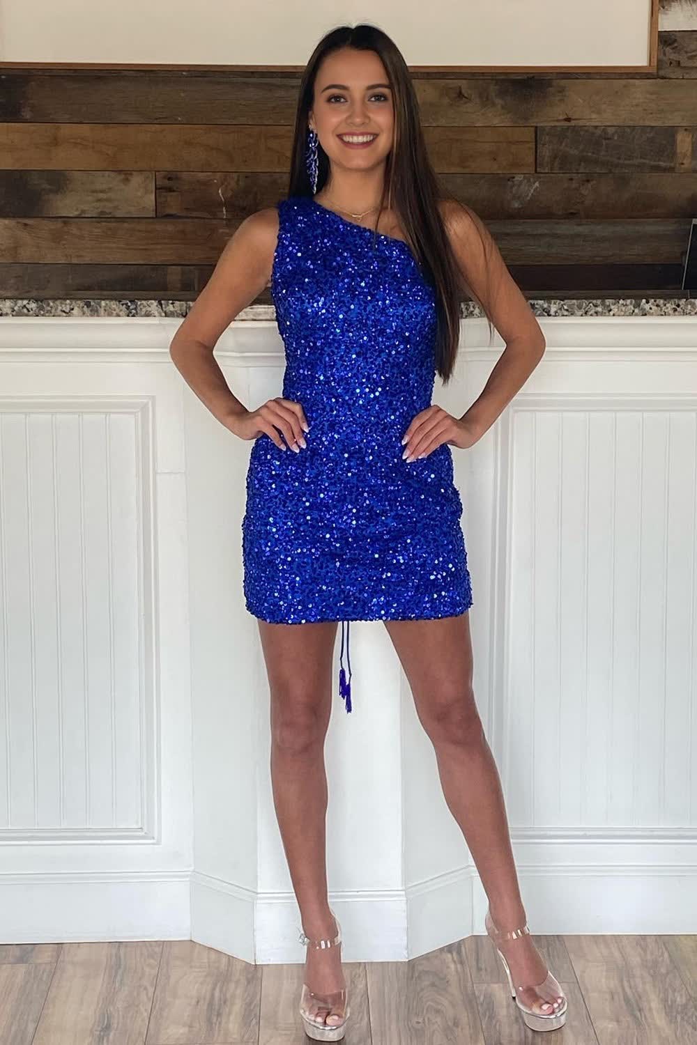 Sheath One Shoulder Royal Blue Sequins Short Corset Homecoming Dress outfit, Sheath One Shoulder Royal Blue Sequins Short Homecoming Dress