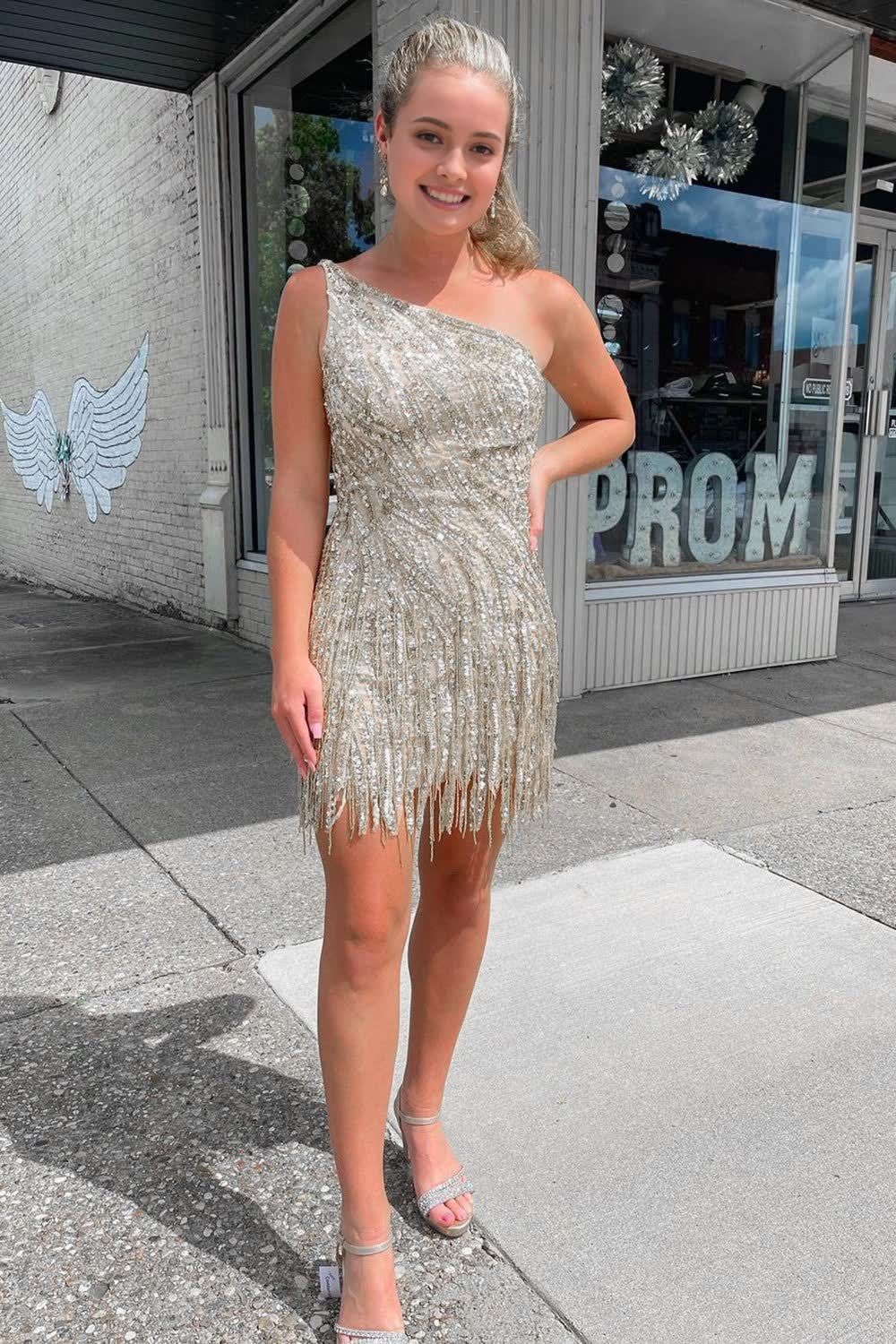 Sheath One Shoulder Silver Sequins Short Corset Homecoming Dress with Tassel Gowns, Sheath One Shoulder Silver Sequins Short Homecoming Dress with Tassel