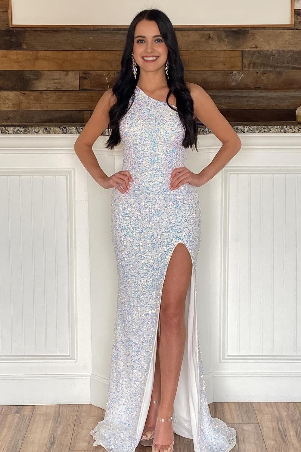 Sheath One Shoulder White Sequins Long Corset Prom Dress with Split Front Gowns, Sheath One Shoulder White Sequins Long Prom Dress with Split Front