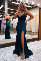 Sheath Spaghetti Straps Blue Long Corset Prom Dress with Silt Gowns, Sheath Spaghetti Straps Blue Long Prom Dress with Silt