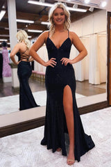 Sheath Spaghetti Straps Blue Sequins Long Corset Prom Dress with Silt Gowns, Sheath Spaghetti Straps Blue Sequins Long Prom Dress with Silt