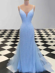 Sheath Spaghetti Straps Light Blue Sequin Corset Prom Dresses outfit, Bridesmaids Dresses For Beach Wedding
