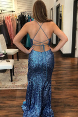 Sheath Spaghetti Straps Navy Sequins Long Corset Prom Dress with Criss Cross Back Gowns, Sheath Spaghetti Straps Navy Sequins Long Prom Dress with Criss Cross Back