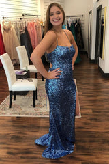 Sheath Spaghetti Straps Navy Sequins Long Corset Prom Dress with Criss Cross Back Gowns, Sheath Spaghetti Straps Navy Sequins Long Prom Dress with Criss Cross Back