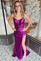Sheath Spaghetti Straps Purple Sequins Long Corset Prom Dress with Split Front Gowns, Sheath Spaghetti Straps Purple Sequins Long Prom Dress with Split Front