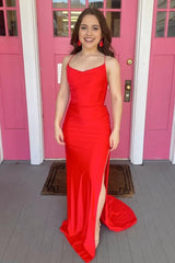 Sheath Spaghetti Straps Red Long Corset Prom Dress with Split Front Gowns, Sheath Spaghetti Straps Red Long Prom Dress with Split Front