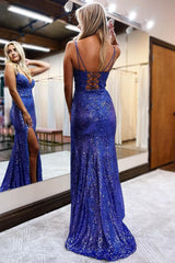 Sheath Spaghetti Straps Royal Blue Sequins Long Corset Prom Dress with Silt Gowns, Sheath Spaghetti Straps Royal Blue Sequins Long Prom Dress with Silt