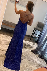 Sheath Spaghetti Straps Royal Blue Sequins Long Corset Prom Dress with Split Front Gowns, Sheath Spaghetti Straps Royal Blue Sequins Long Prom Dress with Split Front