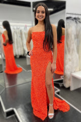Sheath Strapless Orange Sequins Long Corset Prom Dress with Split Front Gowns, Sheath Strapless Orange Sequins Long Prom Dress with Split Front
