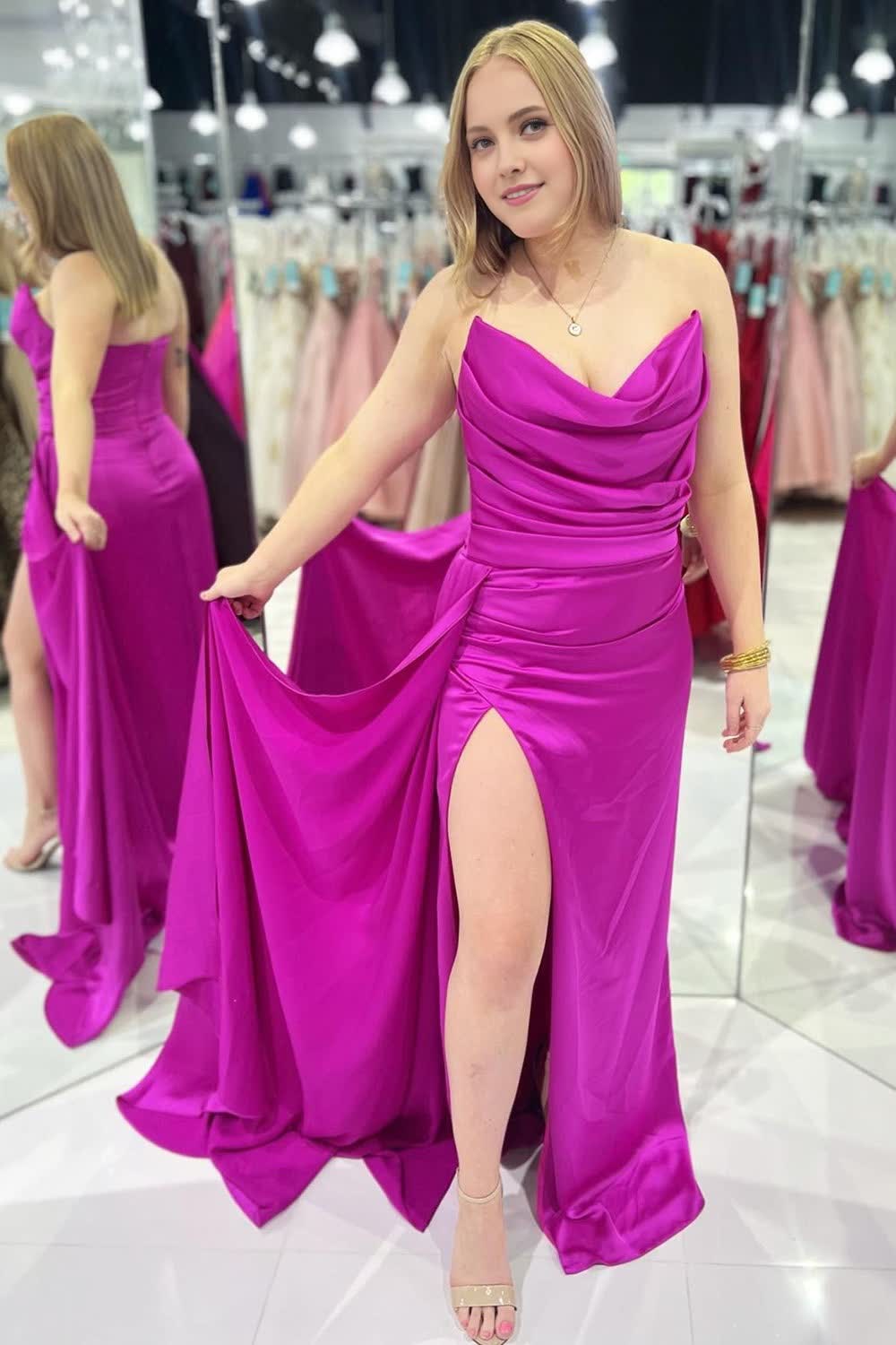 Sheath Sweetheart Hot Pink Long Corset Prom Dress with Split Front Gowns, Sheath Sweetheart Hot Pink Long Prom Dress with Split Front