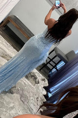 Sheath Sweetheart Light Blue Sequins Long Corset Prom Dress with Feather outfit, Sheath Sweetheart Light Blue Sequins Long Prom Dress with Feather
