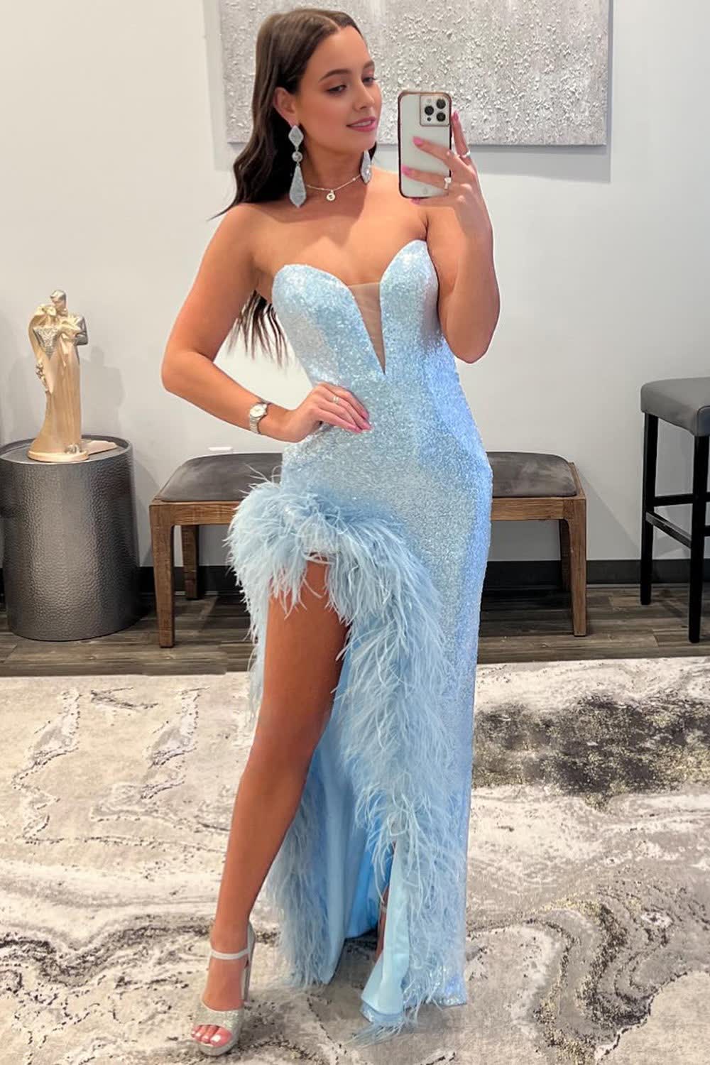 Sheath Sweetheart Light Blue Sequins Long Corset Prom Dress with Feather outfit, Sheath Sweetheart Light Blue Sequins Long Prom Dress with Feather