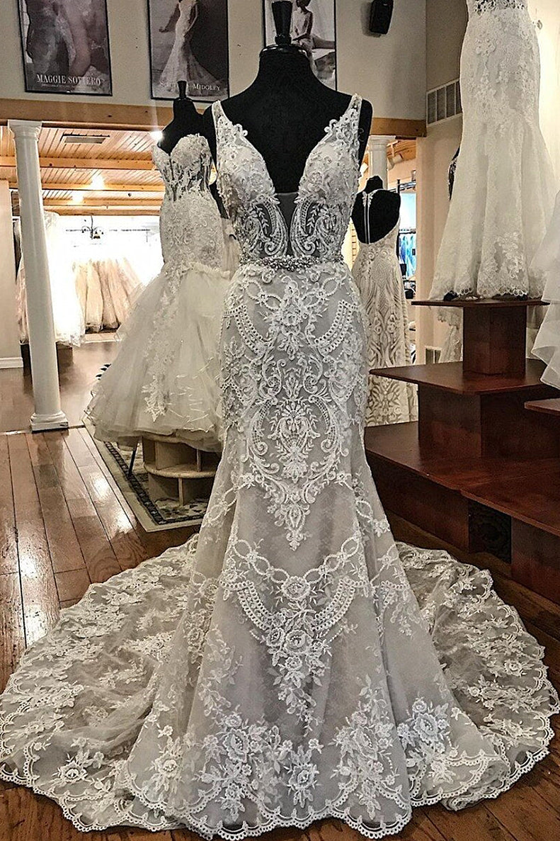 Sheath V-neck Wide Strap Floor Length Backless Tulle Lace Applique Corset Wedding Dresses outfit, Wedding Dresses Flower