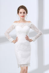 Sheath White Lace Off The Shoulder Long Sleeve Corset Prom Dresses outfit, Evening Dress Stunning