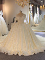 Shinny Long A-line Full Beading Lace-Up Corset Wedding Dresses with Sleeves Gowns, Wedding Dresses Under