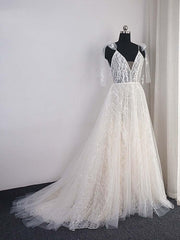 Shinny Long A-Line V-Neck Backless Sequins Corset Wedding Dresses outfit, Wedding Dress Sleevs