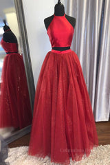 Shiny 2 Pieces Halter Neck Red Long Corset Prom Dress, Two Pieces Red Corset Formal Graduation Evening Dress outfit, Homecoming Dresses Unique