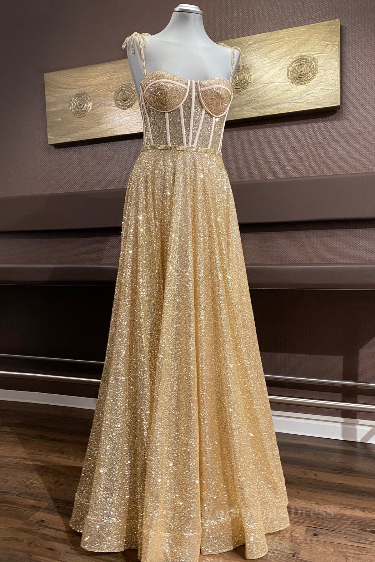 Shiny A Line Spaghetti Straps Gold Corset Prom Dresses Long, Sweetheart Neck Golden Corset Formal Dresses, Gold Tulle Evening Dresses WT1856 Outfits, Bridesmaid Dress With Sleeve