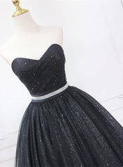 Shiny Black Sweetheart Tea Length Tulle Corset Prom Dress, Black Evening Dress Corset Homecoming Dress outfit, Formal Dresses Prom