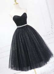 Shiny Black Sweetheart Tea Length Tulle Corset Prom Dress, Black Evening Dress Corset Homecoming Dress outfit, Formal Dresses Vintage