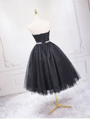 Shiny Black Sweetheart Tea Length Tulle Corset Prom Dress, Black Evening Dress Corset Homecoming Dress outfit, Formal Dresses 2030