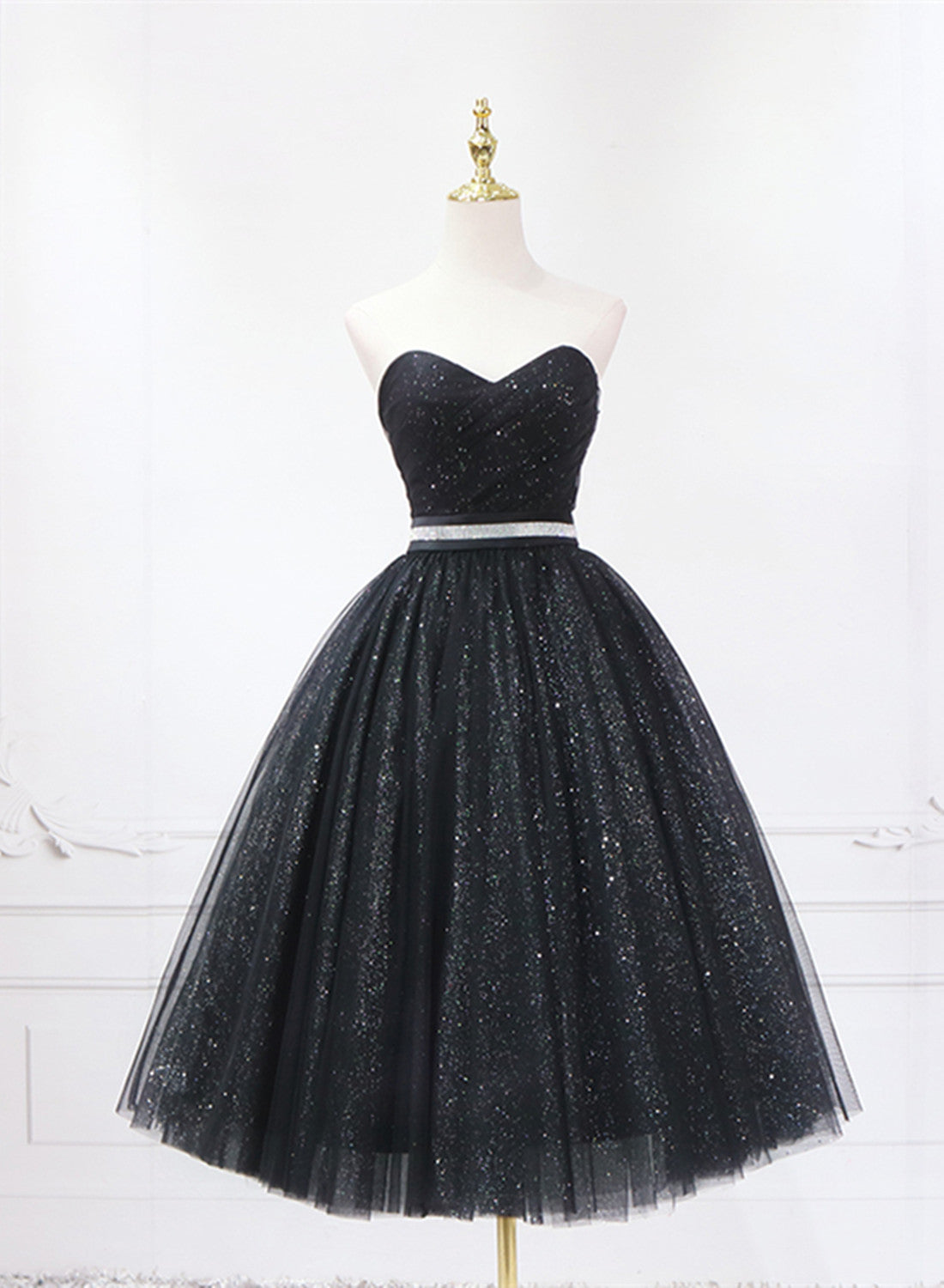 Shiny Black Sweetheart Tea Length Tulle Corset Prom Dress, Black Evening Dress Corset Homecoming Dress outfit, Formal Dresses 2029