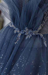Shiny Blue Beaded Puffy Long Corset Prom Dresses, Blue Beaded Long Corset Formal Graduation Dresses outfit, Boho Dress