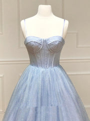 Shiny Blue Long Corset Prom Dresses, Shiny Blue Corset Formal Evening Dresses outfit, Simple Prom Dress
