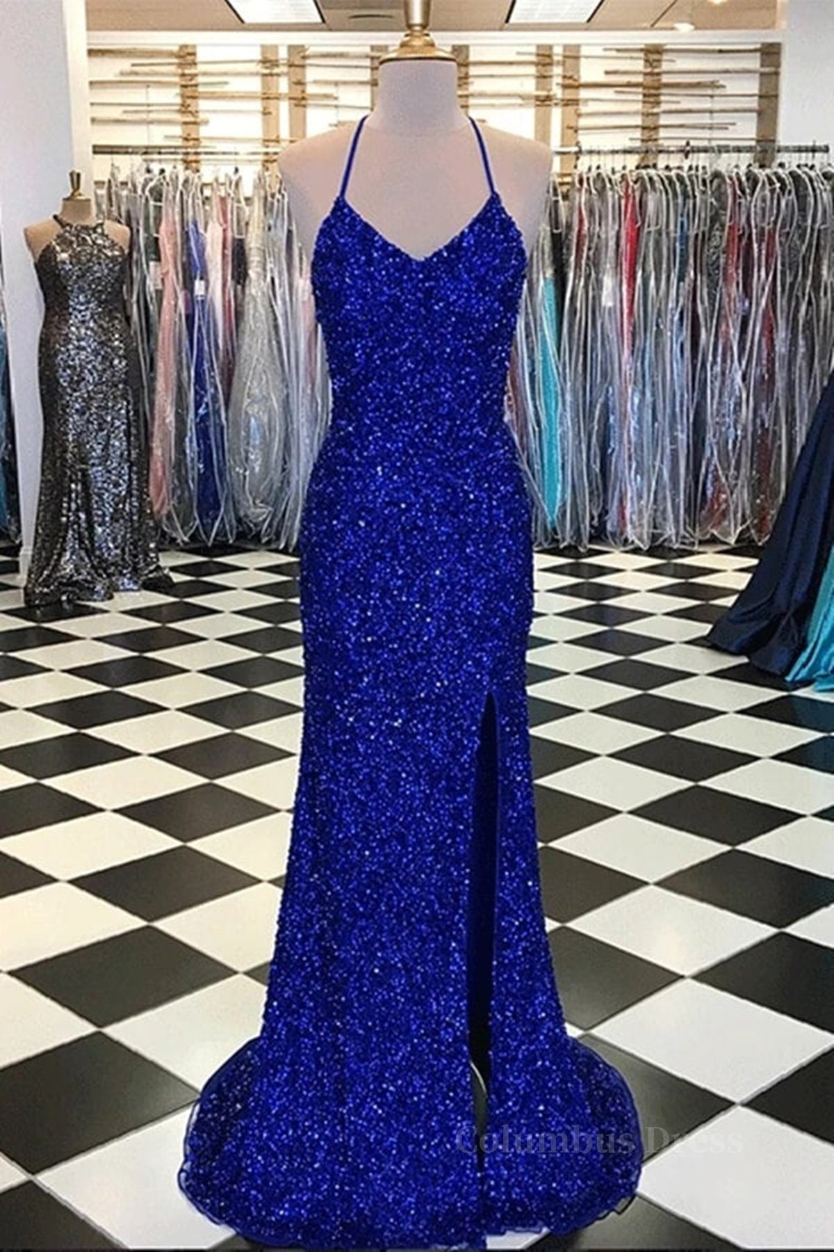 Shiny Blue Sequins Mermaid Backless Long Corset Prom Dress with High Slit, Mermaid Blue Corset Formal Dress, Blue Evening Dress outfit, Bridesmaid Dresses In Store