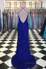 Shiny Blue Sequins Mermaid Backless Long Corset Prom Dress with High Slit, Mermaid Blue Corset Formal Dress, Blue Evening Dress outfit, Bridesmaid Dresses Custom