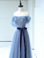 Shiny Off the Shoulder Blue Tulle Corset Prom Dresses, Blue Long Corset Formal Evening Dresses outfit, Bridesmaid Dress Designer