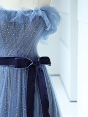 Shiny Off the Shoulder Blue Tulle Corset Prom Dresses, Blue Long Corset Formal Evening Dresses outfit, Bridesmaid Dress Design