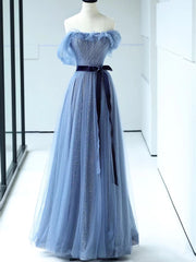 Shiny Off the Shoulder Blue Tulle Corset Prom Dresses, Blue Long Corset Formal Evening Dresses outfit, Bridesmaid Dresses Designs