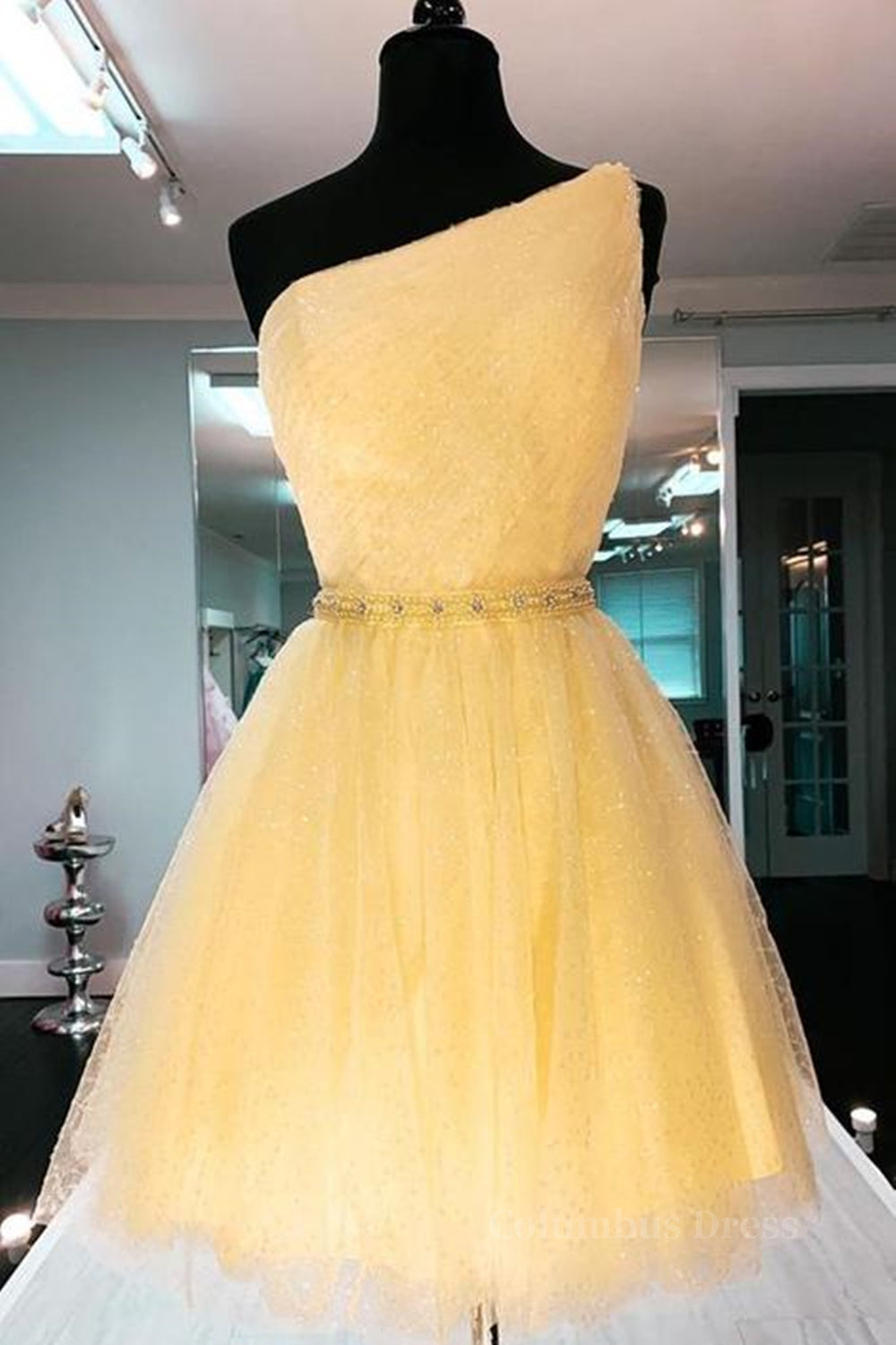 Shiny One Shoulder Yellow Short Corset Prom Corset Homecoming Dress with Belt, Short One Shoulder Yellow Corset Formal Evening Dress outfit, Evening Dress Prom