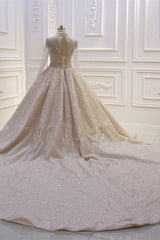 Shiny Sequined Long Sleevess Pleats Champange Corset Wedding Dress outfit, Wedding Dress Vintage Style