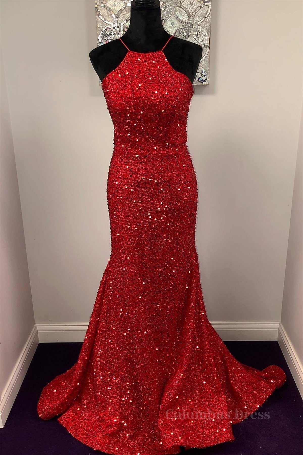 Shiny Sequins Backless Mermaid Red Long Corset Prom Dresses, Mermaid Red Corset Formal Dresses, Backless Red Evening Dresses outfit, Formal Dress Winter