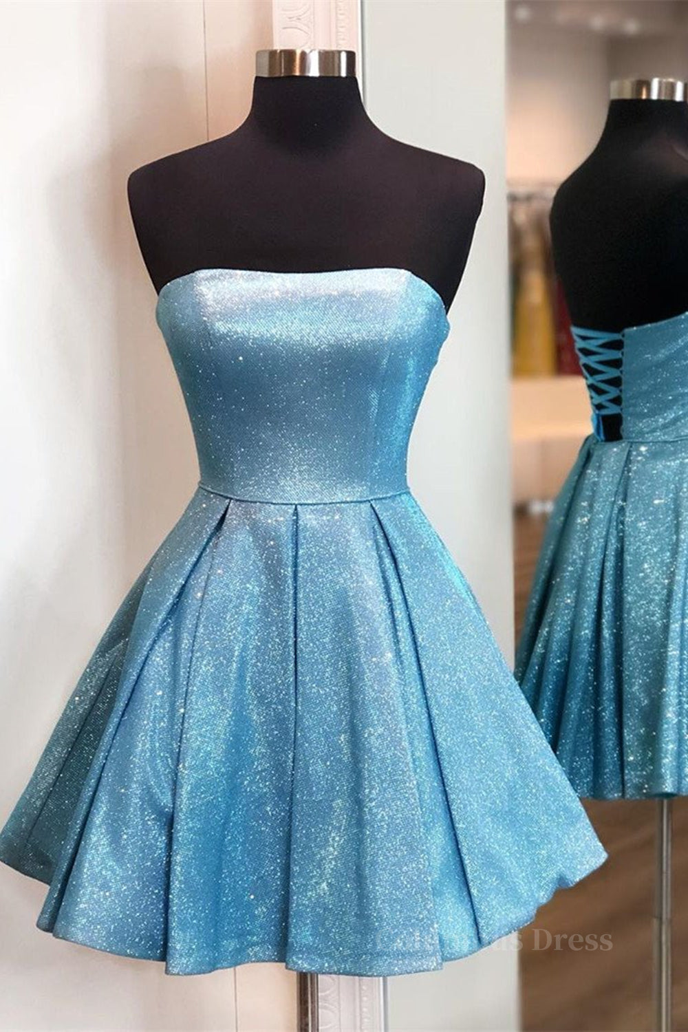 Shiny Strapless Blue Short Corset Prom Dresses, Open Back Blue Corset Homecoming Dresses, Blue Corset Formal Evening Dresses outfit, Classy Outfit Women