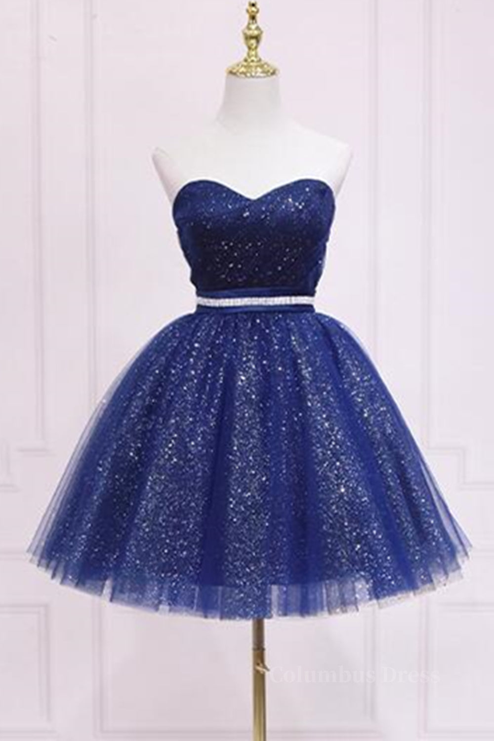 Shiny Strapless Sweetheart Neck Blue Short Corset Prom Corset Homecoming Dress with Belt, Sparkly Blue Corset Formal Evening Dress outfit, Evening Dresses 2029