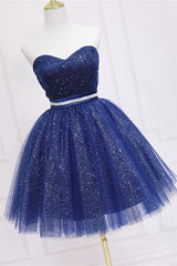 Shiny Strapless Sweetheart Neck Blue Short Corset Prom Corset Homecoming Dress with Belt, Sparkly Blue Corset Formal Evening Dress outfit, Evening Dress Princess