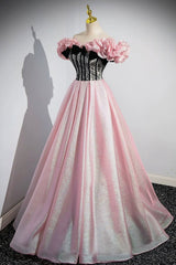 Shiny Tulle Long A-Line Pink Corset Corset Prom Dress, Off the Shoulder Evening Party Dress Outfits, Prom Dress And Boots