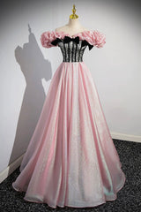 Shiny Tulle Long A-Line Pink Corset Corset Prom Dress, Off the Shoulder Evening Party Dress Outfits, Prom Dress Chiffon