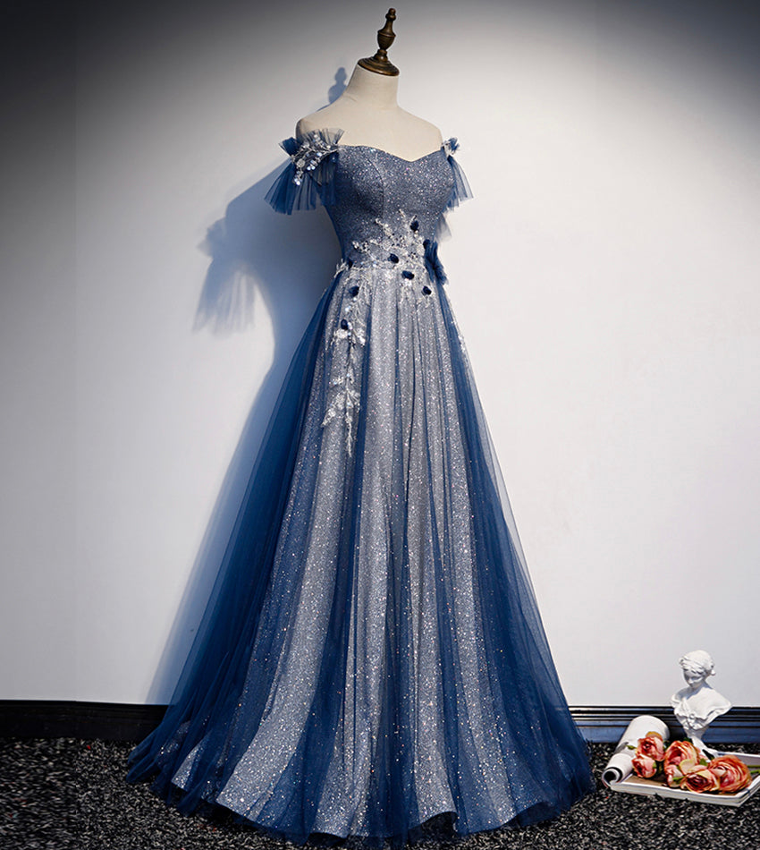 Shiny tulle sequins long Corset Prom dress blue evening dress outfit, Cocktail Party Outfit