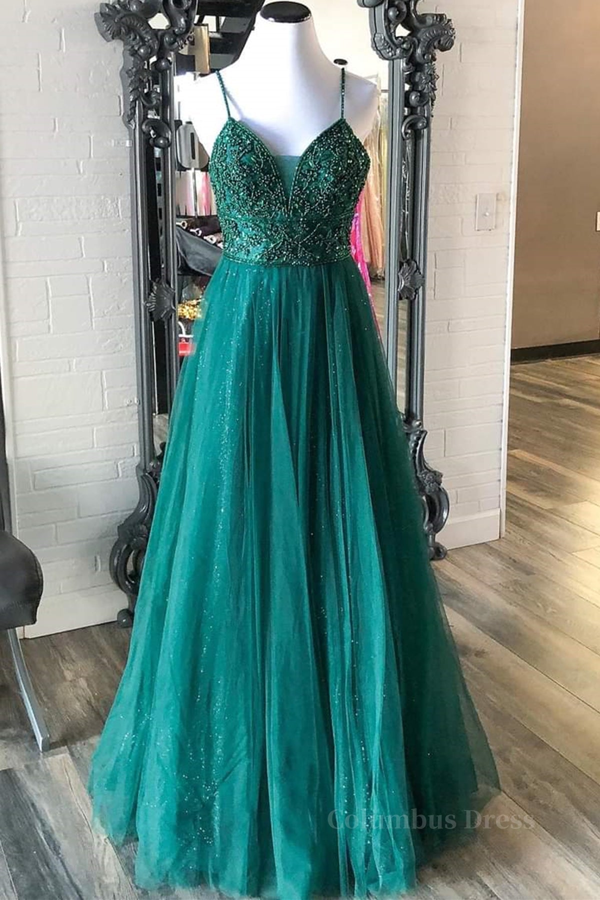 Shiny V Neck Backless Beaded Green Tulle Long Corset Prom Dress, Green Lace Corset Formal Dress, Beaded Evening Dress outfit, Bridesmaids Dress Affordable