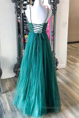 Shiny V Neck Backless Beaded Green Tulle Long Corset Prom Dress, Green Lace Corset Formal Dress, Beaded Evening Dress outfit, Bridesmaids Dresses Cheap