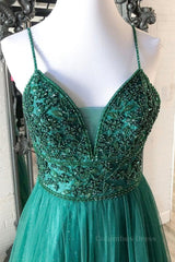 Shiny V Neck Backless Beaded Green Tulle Long Corset Prom Dress, Green Lace Corset Formal Dress, Beaded Evening Dress outfit, Bridesmaid Dress Cheap