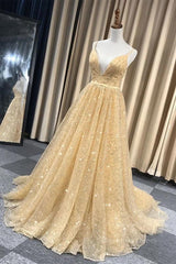Shiny V Neck Backless Long Golden Corset Prom Dress, Sparkly Golden Corset Formal Dress, Golden Evening Dress outfit, Formal Dress For Girls